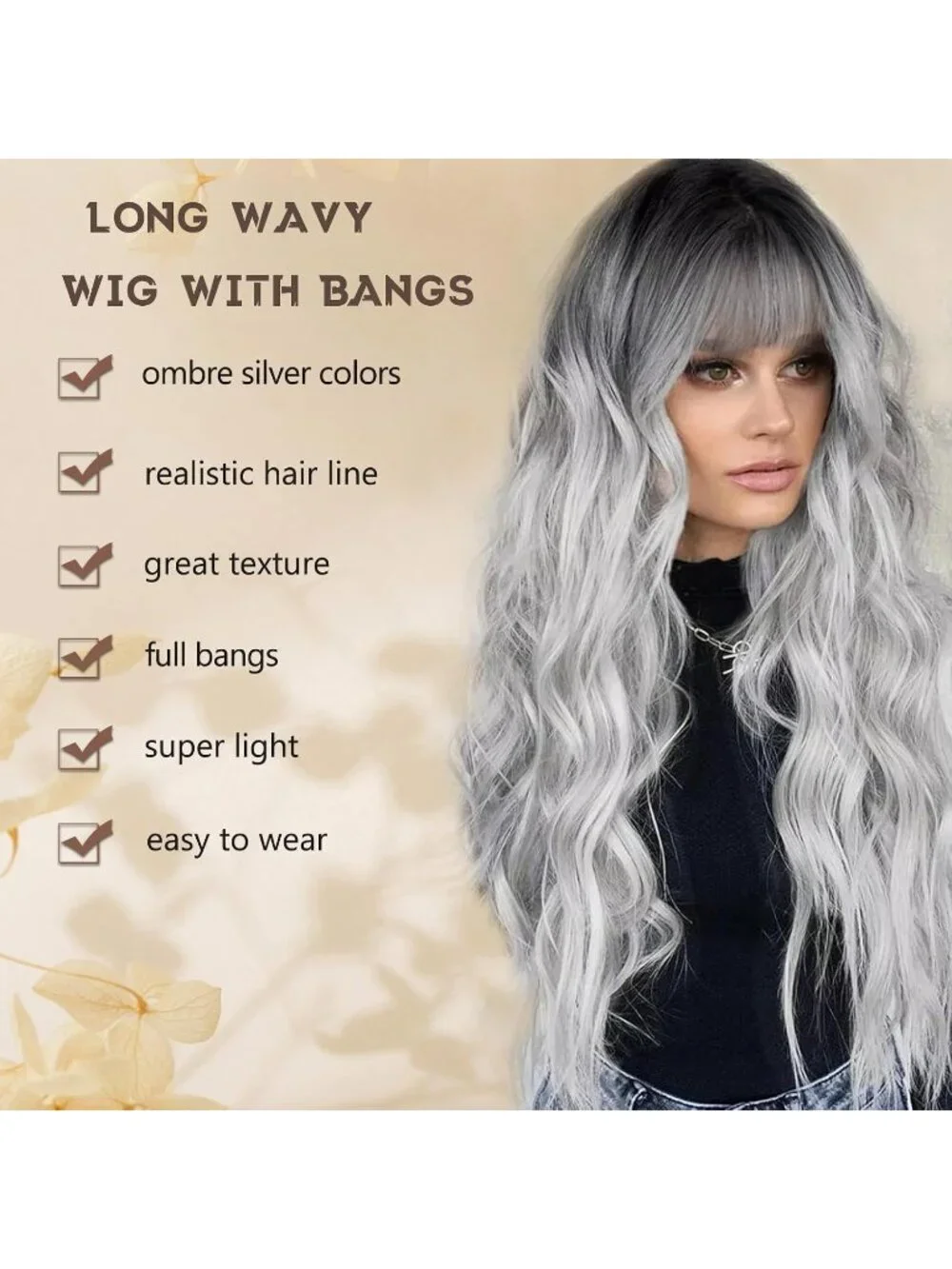 Women's Grey 26 Inch Natural Looking Heat Resistant Synthetic Wigs Bangs